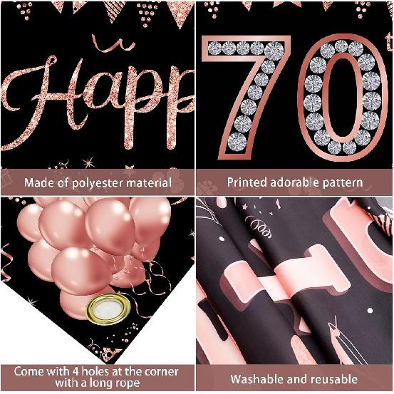 Happy 70th Birthday Banner Decorations for Women, Rose Gold 70 Birthday Sign Party Supplies, Funny 70 Year Old Theme Birthday Party Decor for Outdoor