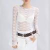 Long Sleeves See Through Lace Crop Top Solid Sexy Bodycon T-Shirt For Women Party Club  Clothes