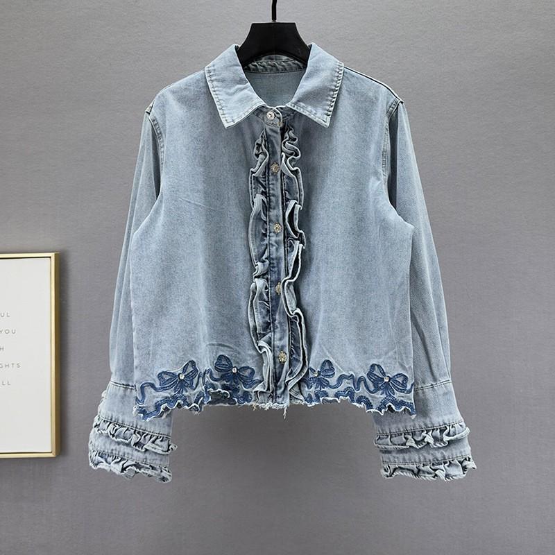 Womens Denim Jacket 2026 Loose Fit Embroidered Spliced Streetwear Top