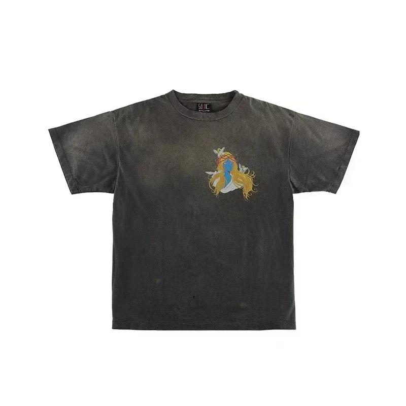 2025 Summer High Quality Cotton Classic Logo Graphics Print Saint Tshirt Unisex Unisex Vintage Washed Black T Shirt Loose Tee