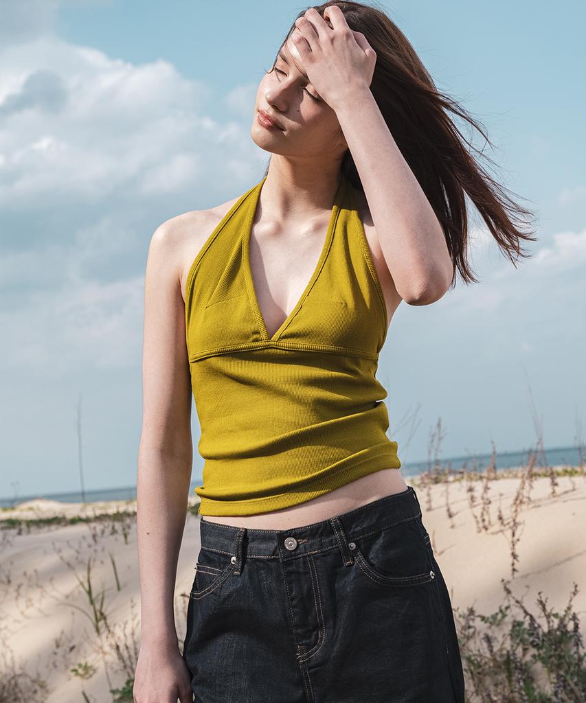 108Paundeu Contour Rib Halter Top_Olive