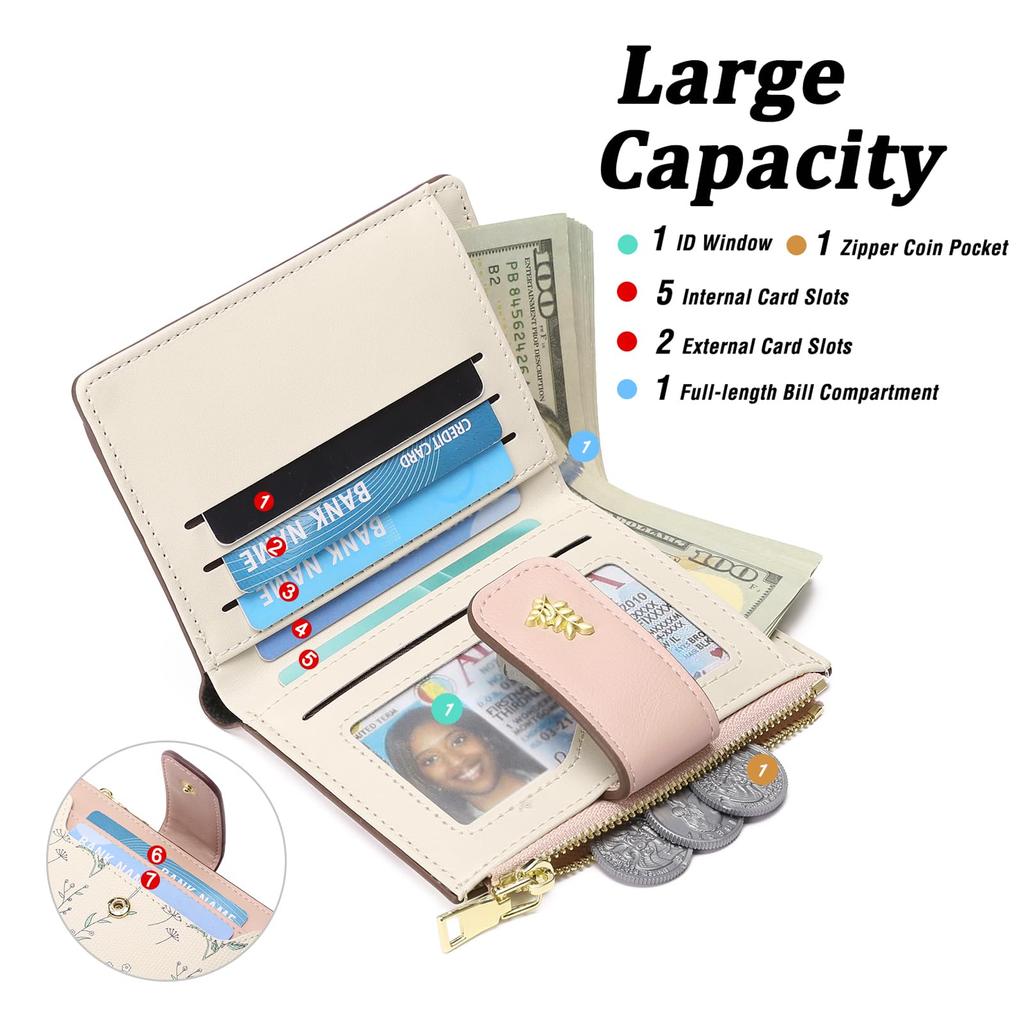 RNIEGA Women's Bifold Wallet, Compact and Lightweight, Wildflower Print, Coin Purse, Card Slots, Anti-Skimming, Stylish Floral Design