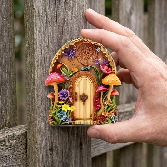 Wooden Fairy Garden Decoration, Tree Hollow Cottage Door with High-Definition UV Printing, Waterproof Acrylic Outdoor Garden Ornament for Plants Pots