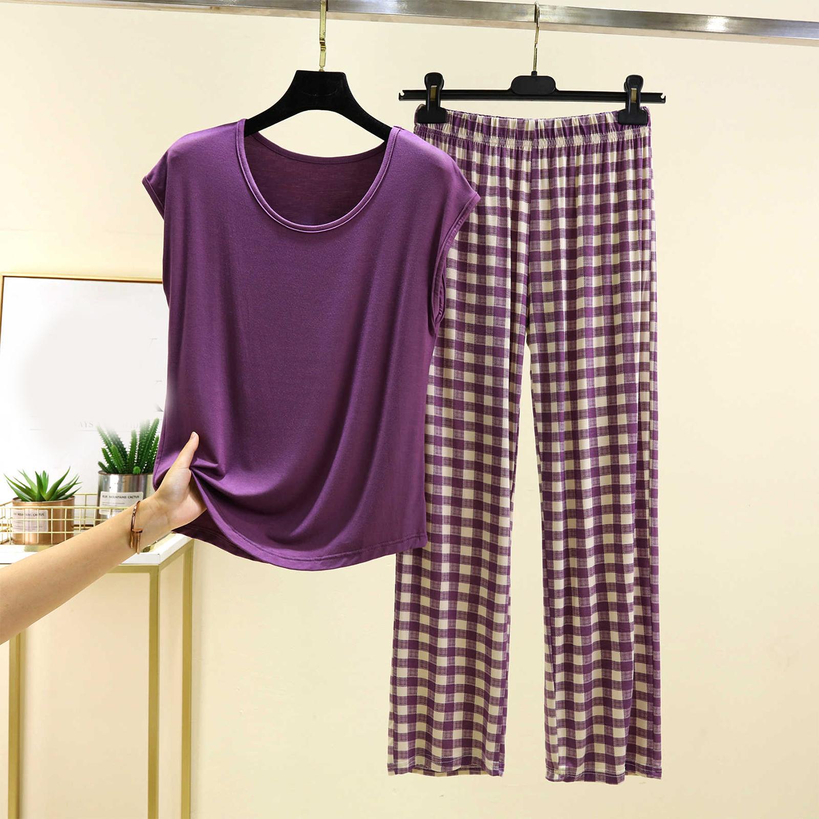 

Ladies Casual And Comfortable Round Neck Solid Color Top With Checkered Printed Pants Plus Size Set L фиолетовый