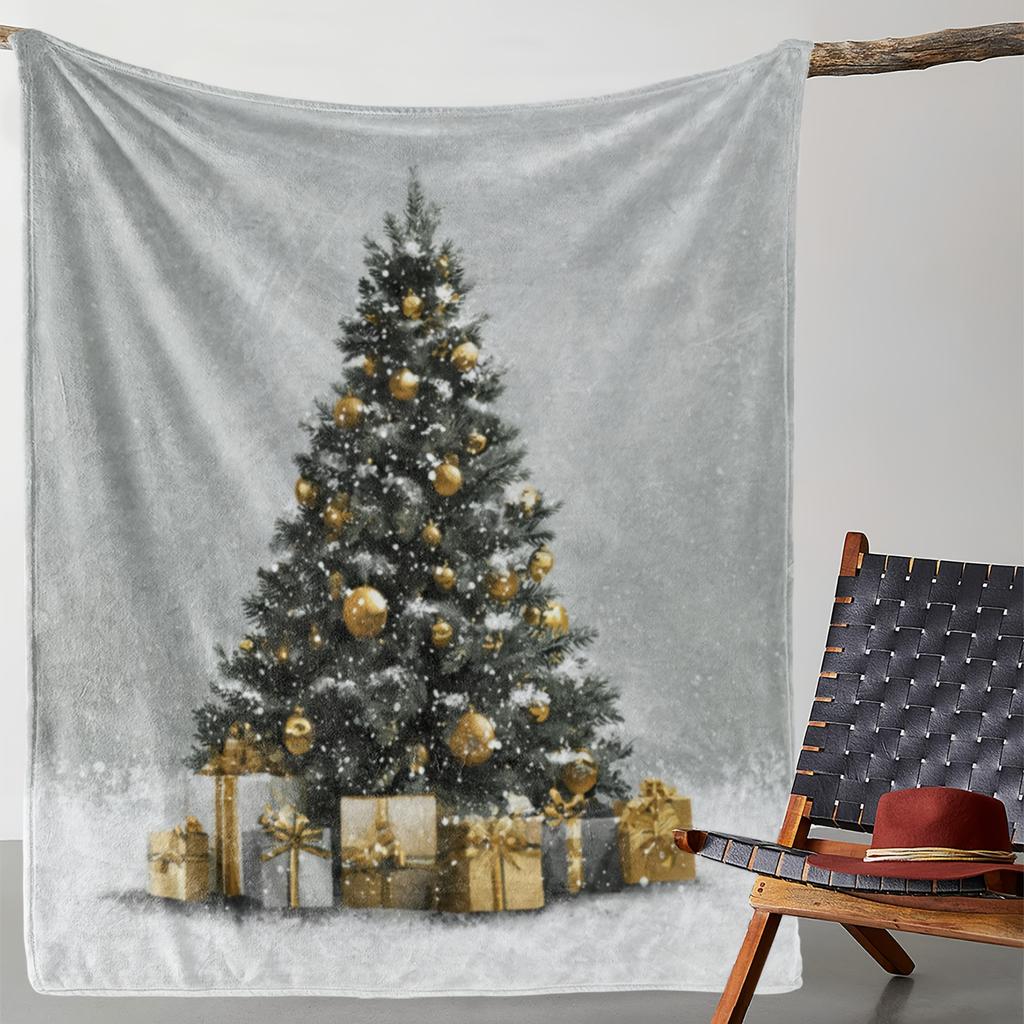 1pc Zeal Lily Cozy Flannel Blanket - Christmas Tree with Golden Ornaments & Snowflakes Print, Soft Warm All-Season Throw for Cou