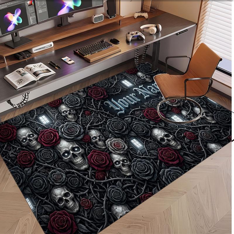 Skull Gothic Theme Soft Crystal Velvet Rug Custom Name & Text Print Non Slip Floor Rug for Bedroom Living Room