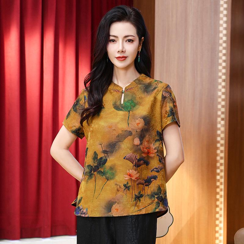 Hualuo fragrant cloud yarn women's top summer retro cheongsam loose and thin mulberry silk shirt