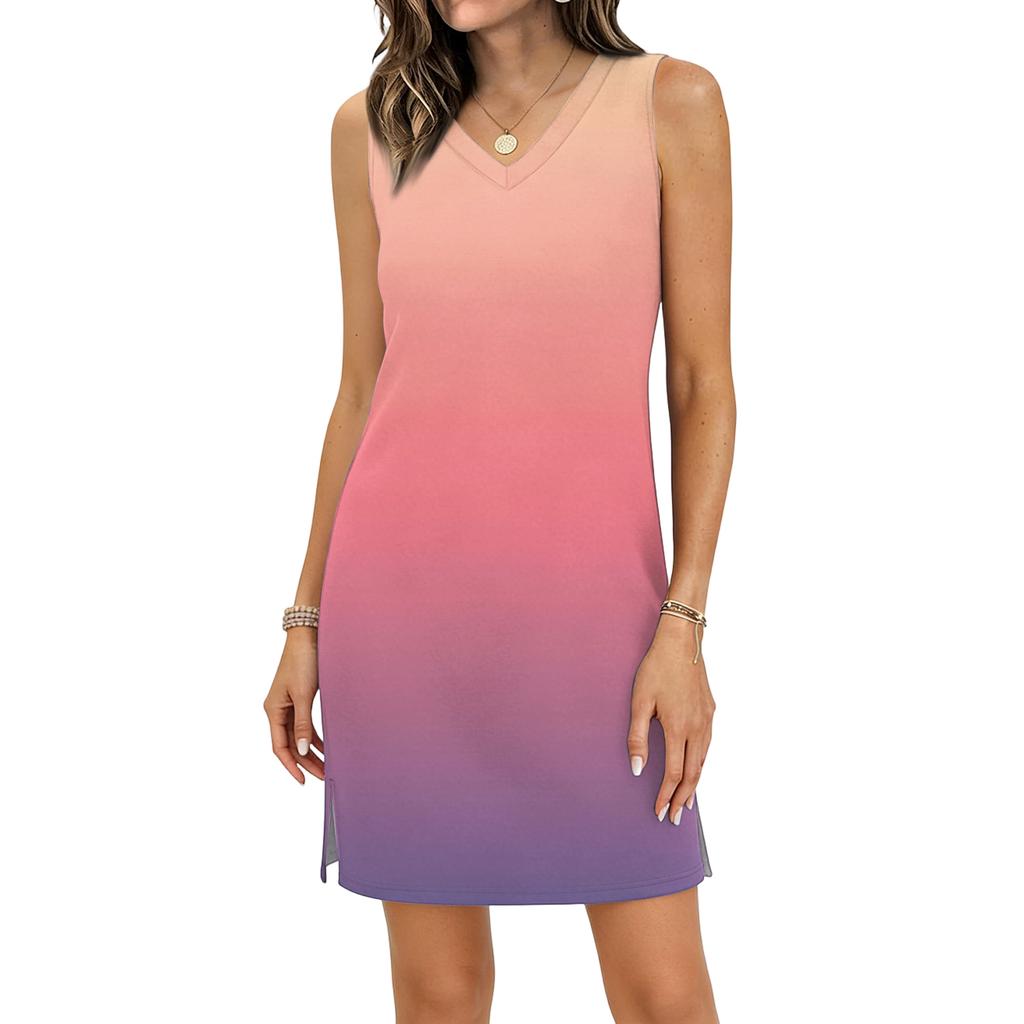 Women's Casual V-neck Sleeveless Split Hem Gradient Dress