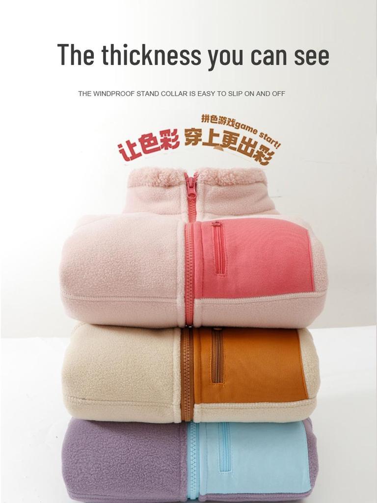 Kids' Thick Fleece-Lined Winter Coat with Stand Collar - Warm, Windproof, and Comfortable for Parent-Child Wear