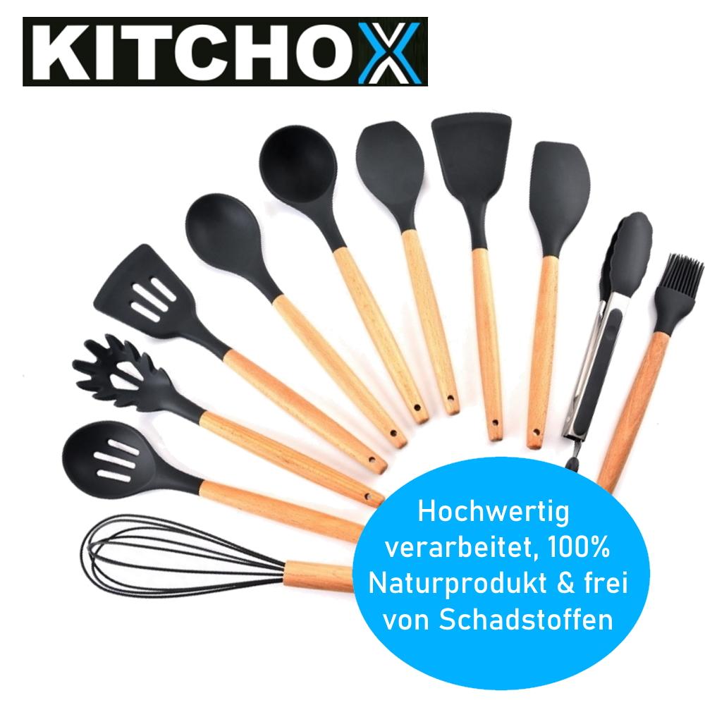 KITCHOX Kitchen Utensils Set Wooden Silicone Cooking Cutlery Spoon Helper [12 Pieces]
