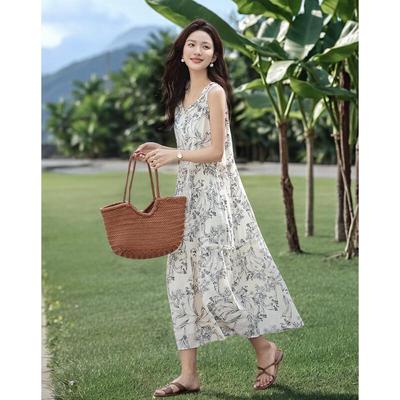 Demana Elegant Sleeveless Ruffle Edge Printed Straight Dress