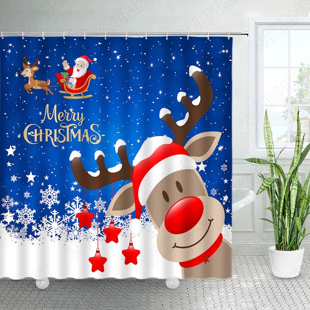 Cartoon Christmas Shower Curtains Funny Reindeer Santa Clause Snowflake Star Red New Year Xmas Fabric Home Bathroom Decor Sets