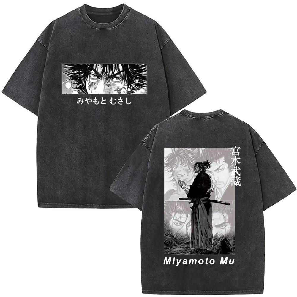Anime Vagabond Miyamoto Musashi Vintage Washed Tshirts Unisex Women Clothing Casual Oversized Short Sleeve T Shirt Tops Streetwear S