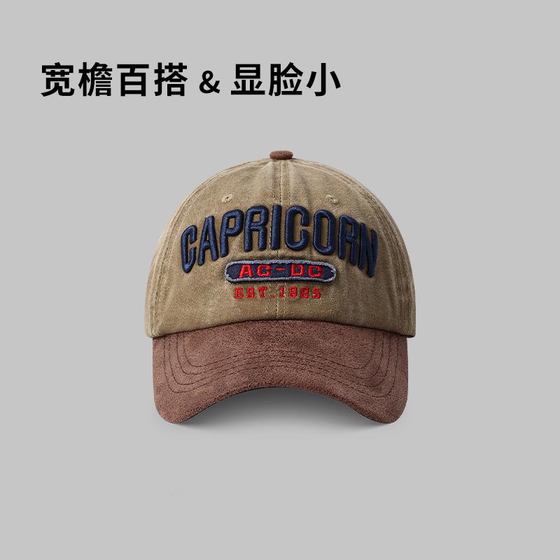 Retro baseball cap women's color matching letters big head circumference showing face small peaked cap denim wide brim big face hat