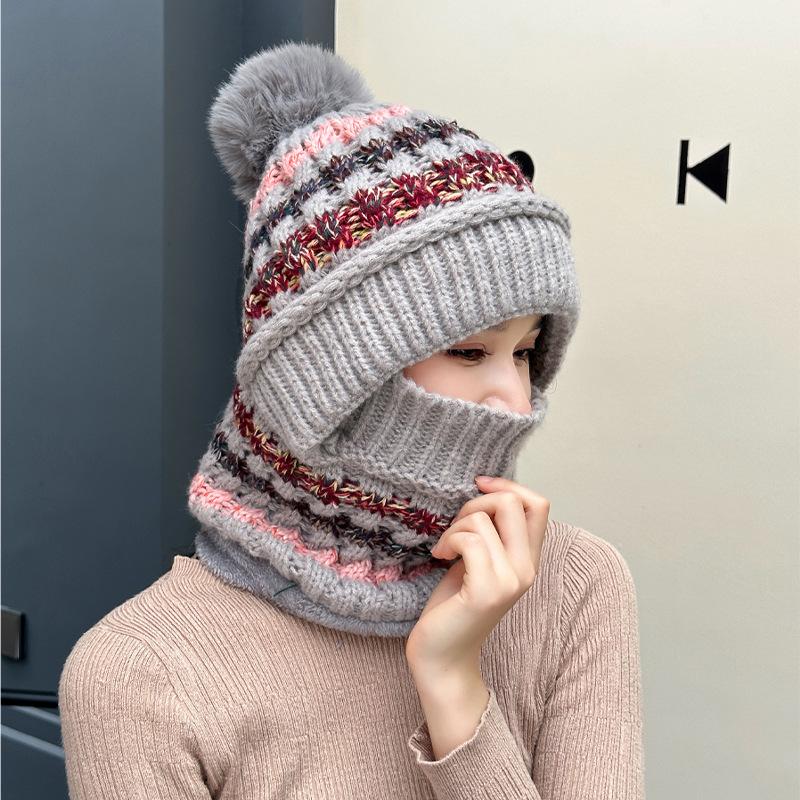 Winter hat, scarf, mask, integrated hat, women's cycling, windproof, ear protection, pullover hat, fleece warm knitted wool hat