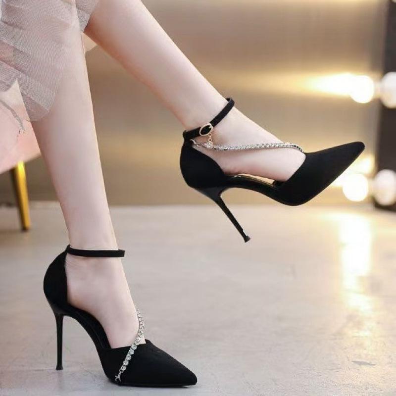 Women's Black Stiletto Heels 2025: Fashionable Pointed Toe, One-Strap Buckle, Rhinestone Closed-Toe Sandals.