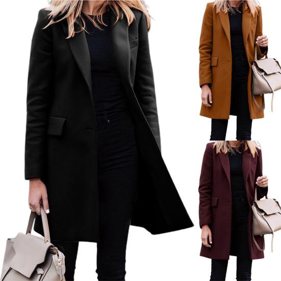 Lapel Long Sleeve Flap Pockets Solid Color Autumn Blazer Female Single Button