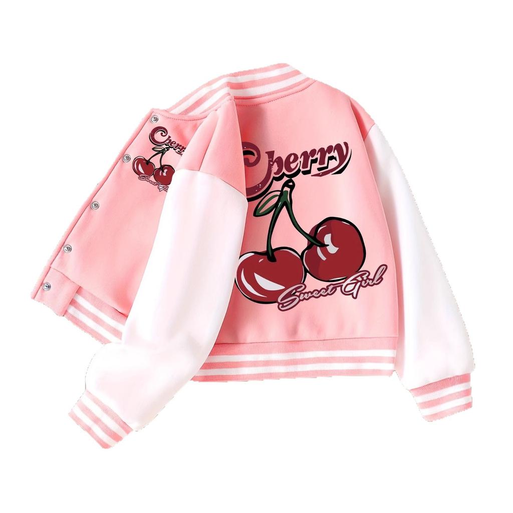 Girls' Casual Fruit Cherry Pattern Jacket - Spring/autumn Children's Fashionable Baseball Shirt