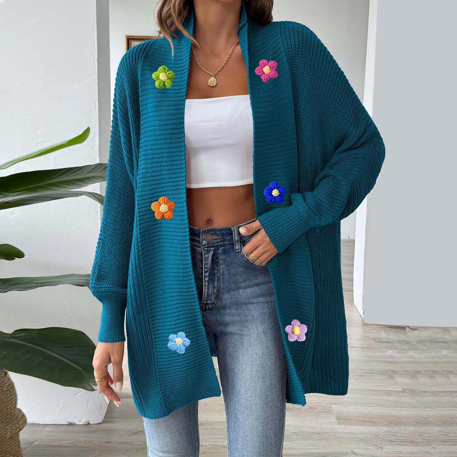 

Женский модный свободный вязаный крючком вручную цветочный кардиган-свитер One Size синий