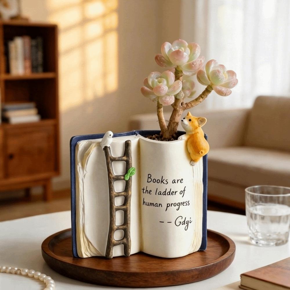 Compact Puppy Bird Ladder Planter Polyresin Open Book Flower Pot Book-Shaped Planter Office Use