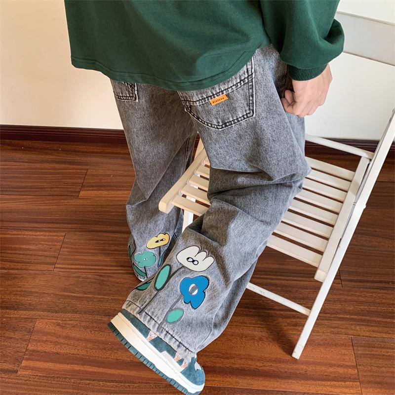 Pantaloni Jeans Largi pentru Bărbați Y2K cu Imprimeu Floral Streetwear American Casual Denim Pantaloni Hombre Vintage Drepți