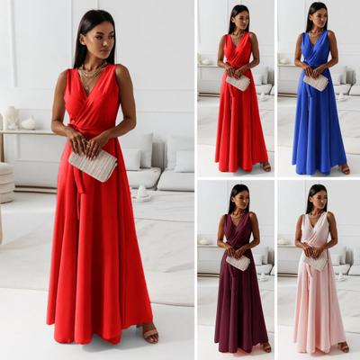 Sommer Elegantes V-ausschnitt Ärmelloses Kleid Langes Kleid Taille Spitze-up Lose Saum Einfarbig Slim Fit Maxi Party Kleid