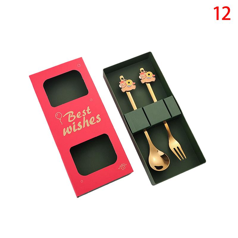 Year Of The Horse Chopsticks Spoons Set Gold Chinese  Year Stainless Steel Spoon Dessert Forks Decoration For Tableware