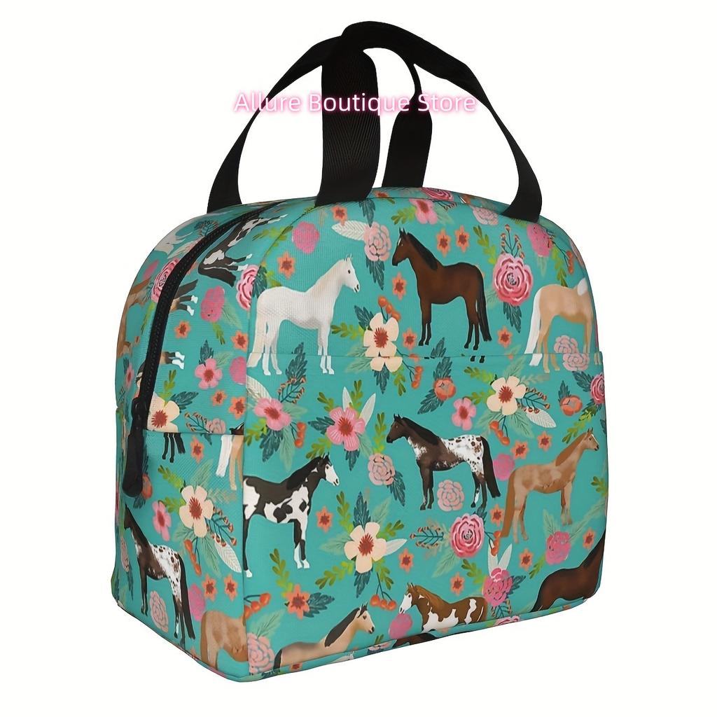 1 Stück DRONENPILOT Isolierte Lunchtasche, Blumen- & Mehrfarbiges Pferde-Design, Wasserdichte Oxford-Stoff Kühlertasche, Handwaschbar Therma