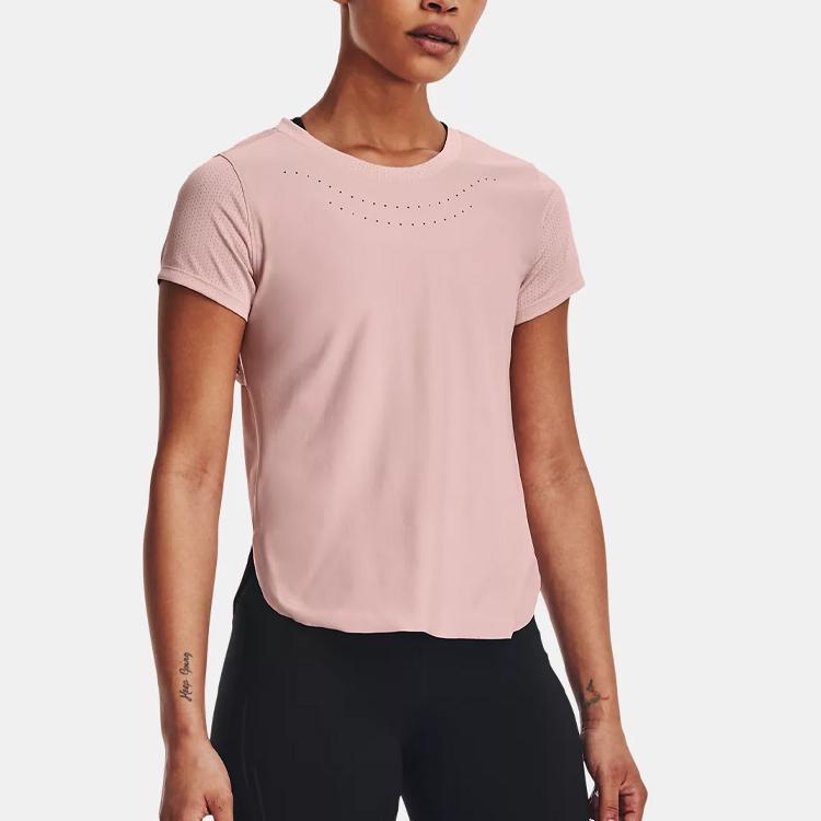 Under Armour Jednobarevná záda, dutý potisk, síťovina, prodyšné, běžecké tričko s krátkým rukávem, dámské topy, starorůžová 1369800-676