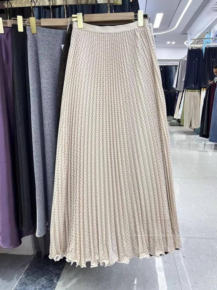 Retro High Waist Polka Dot Pleated Long Skirt with Lace Hem - Spring/Summer 2026 Collection