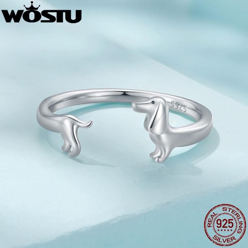 WOSTU Anelli Regolabili in Argento Sterling 925 a Forma di Bassotto Carino per Donne Anello Animale Aperto Originale Gioiello di Famiglia Raffinato Regalo