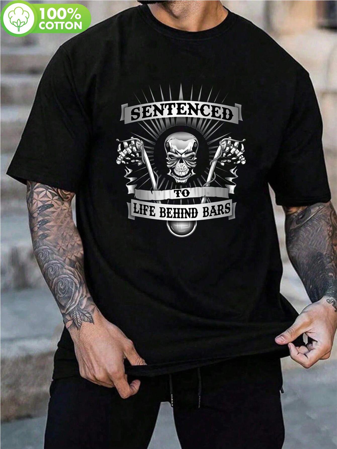 Setenced to Life Behind Bars Biker Skull Hangers Motorcycle T-shirt-180g XXXXL