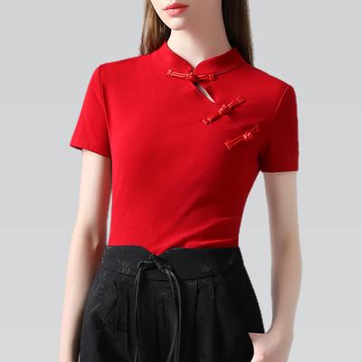 Yaz için Yeni Çin Tarzı Eğik Patlet Dik Yaka Üst Yeni Kadın Yüksek Kaliteli Retro Çin Tarzı Kadın Kısa Kollu Tişört