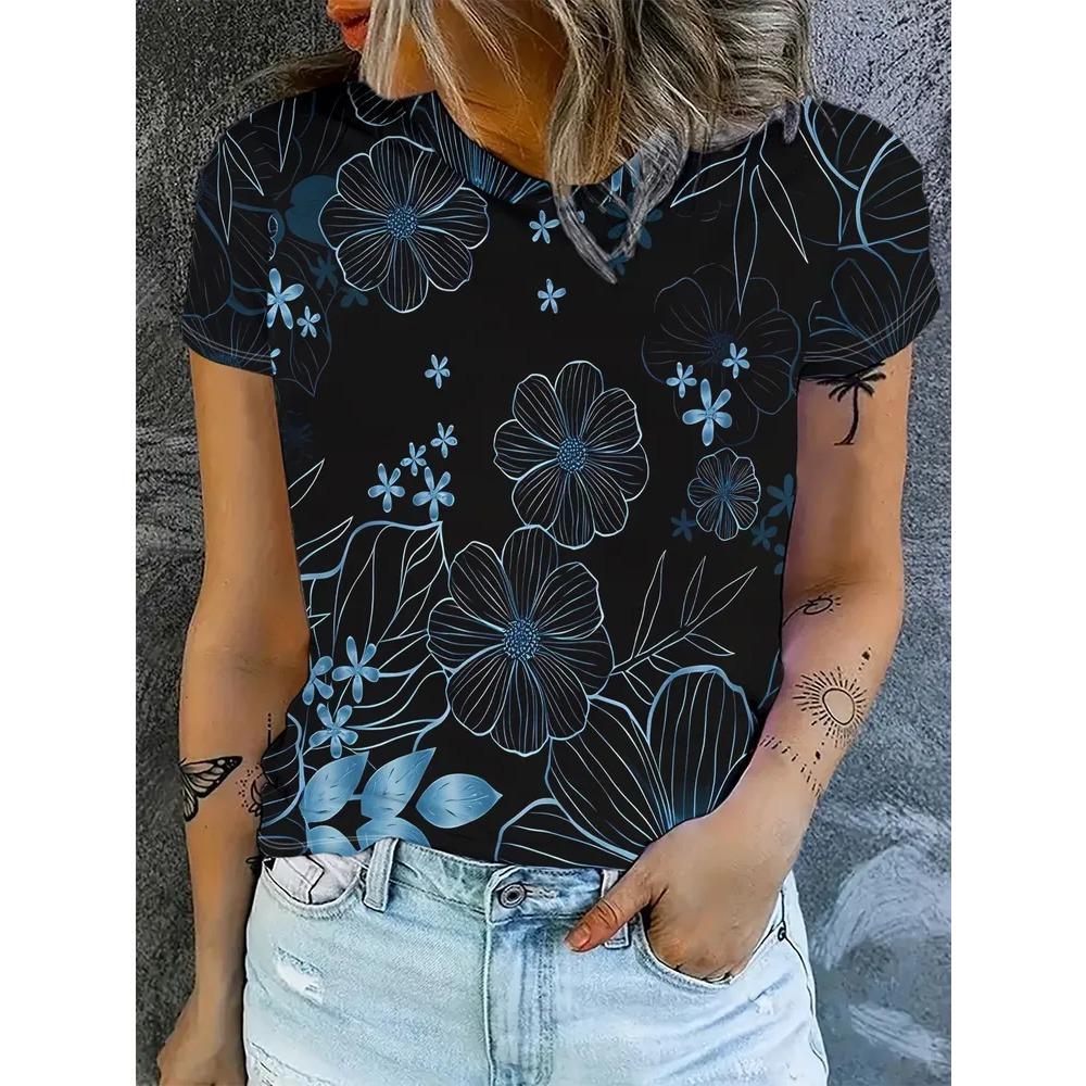 Creative Flower 3D Printed Short Sleeved T-shirt Fashionable Comfortable Soft Breathable Large Loose Womens T-shirt