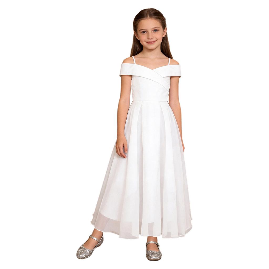 Girls Elegant Chiffon Party Dress Off the Shoulder Spaghetti Strap Adjustable A-Line Floor Length Gown