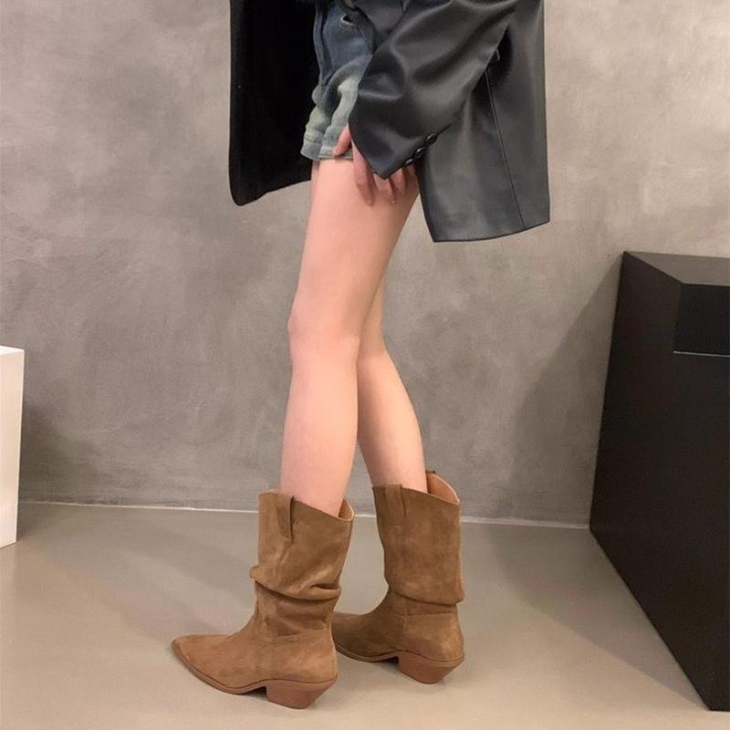 Vintage Thick Heel Pointed Toe Women Western Cowboy Boots Autumn Winter Ladies Shoes Elegant Slip On Mid Calf Booties