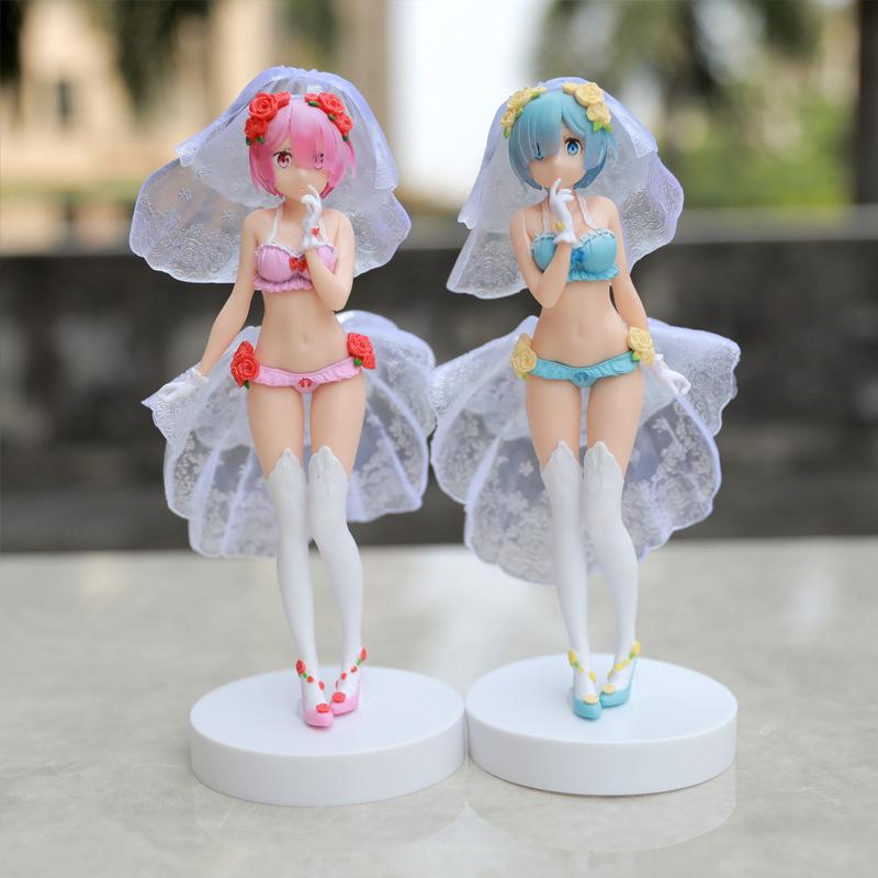 BANDAI 25CM Rem Anime Figure Re:Zero kara Hajimeru Isekai Seikatsu Kawaii Ram Crystal Wedding Dress Model PVC Doll Toys