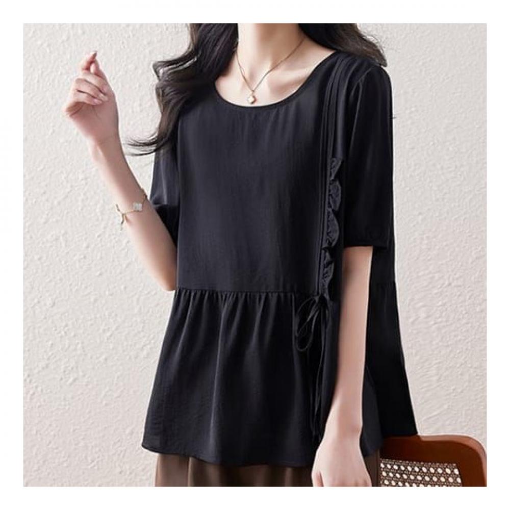 Navava Women Romantic Frill Solid Round Neck Short Sleeve Blouse Nb2250