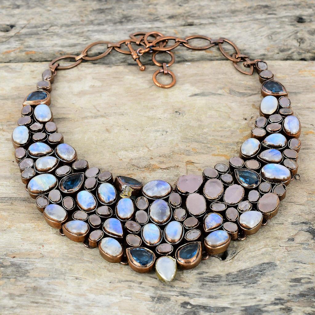 Rainbow Moonstone Necklace Electroformed Copper Necklace Adjustable Chain Necklace Swiss Blue Topaz And Rose Quartz Rough Gemstone Necklace