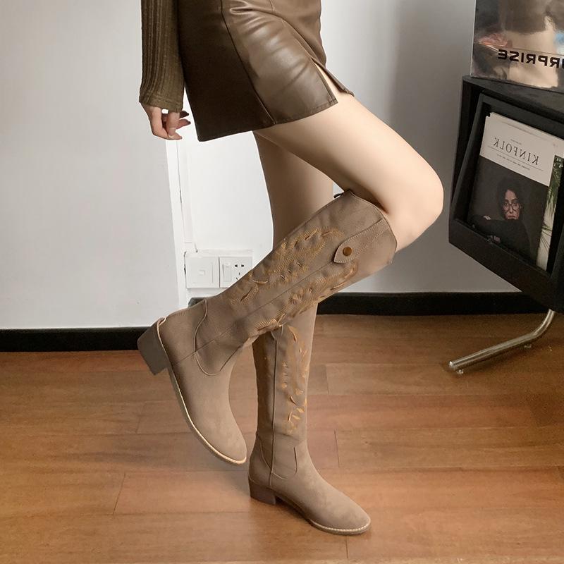 

Женские ковбойские сапоги в стиле ретро 2024 года - Вышитые, с острым носком, на массивном каблуке для осени/зимы 40 хаки