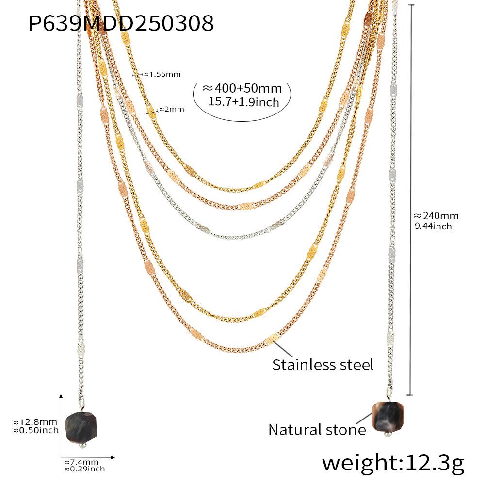 Qiong Yao Elegant Hammered Stainless Steel Side Chain with Natural Volcanic Stone Tassel Necklace