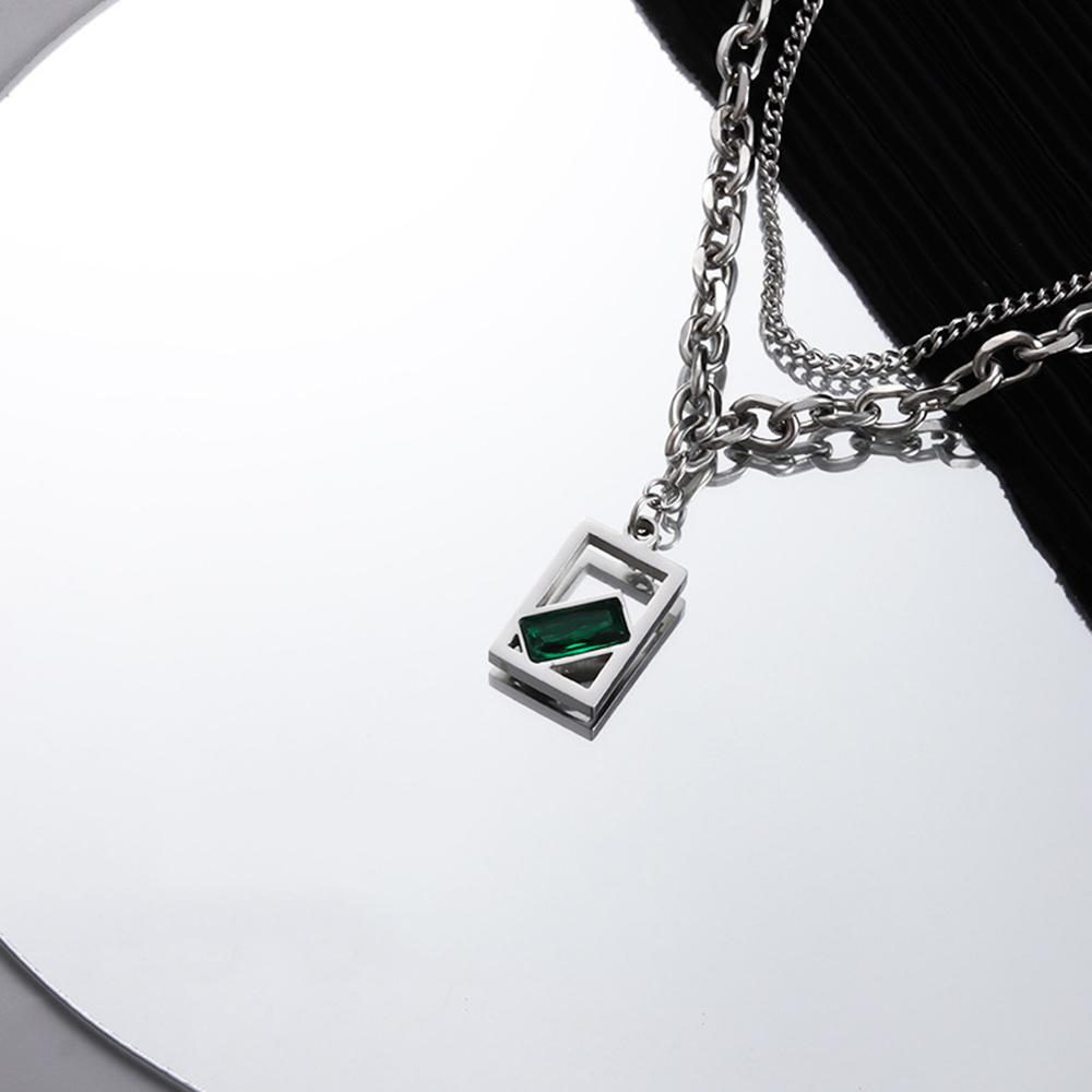 Fashion Double Layer Chain Stainless Steel Male Necklace Green Crystal Pendant Necklace Man Party Jewelry Gift Friends