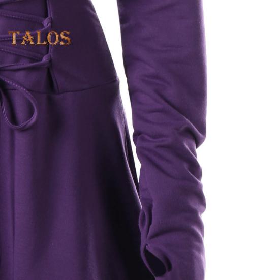 Women Cosplay Dress Gothic Solid Color Lace-up Strap Slim Waist Irregular Hem Hooded Long Sleeves Theme Parties Role-Playing Festival Halloween Midi