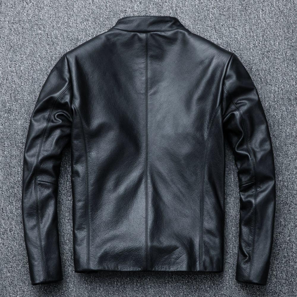 Men's Genuine Leather First Layer Cowhide Stand-up Collar Slim Pure Leather Jacket Simple Dark Brown Coat