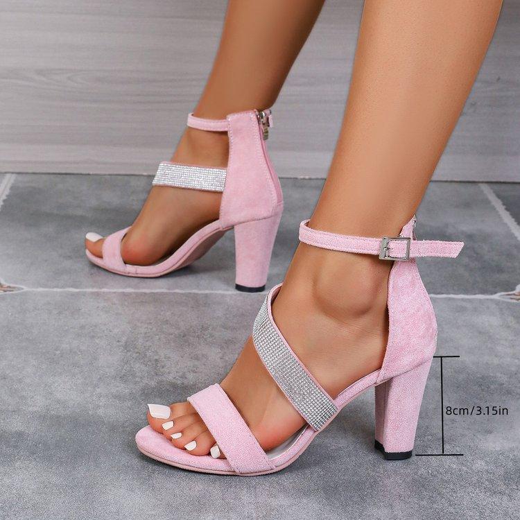 New Fashion High Heel Sandals Women's Rhinestone Velvet Noodle Wide Strip Sandals Rear Zipper Large Size Shoes 35-42