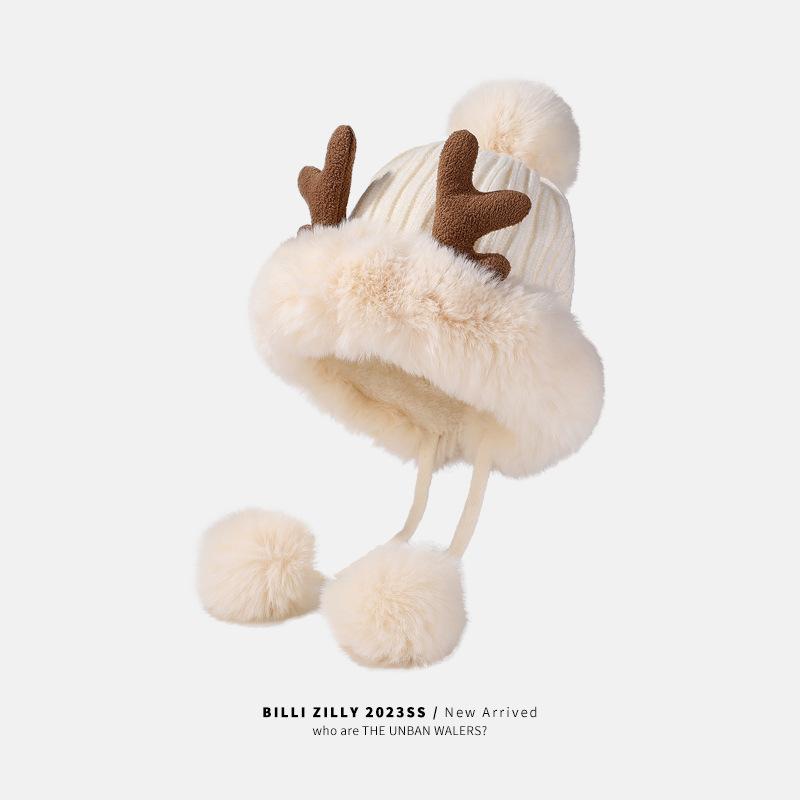 Koreanische Version der neuen Damenmode vielseitige Samt verdickte Geweih Pompon Strickmütze Student Radfahren Ohrenschutz Wollmütze