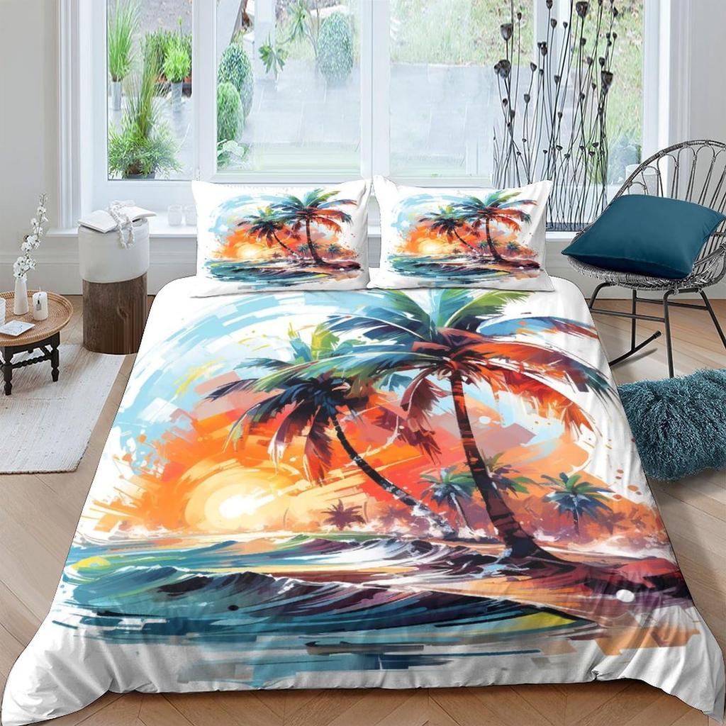 Comforter Palm Tree King Queen Full Twin Tropical Leaves Comforter Watercolor Style Bedding Set Polyester