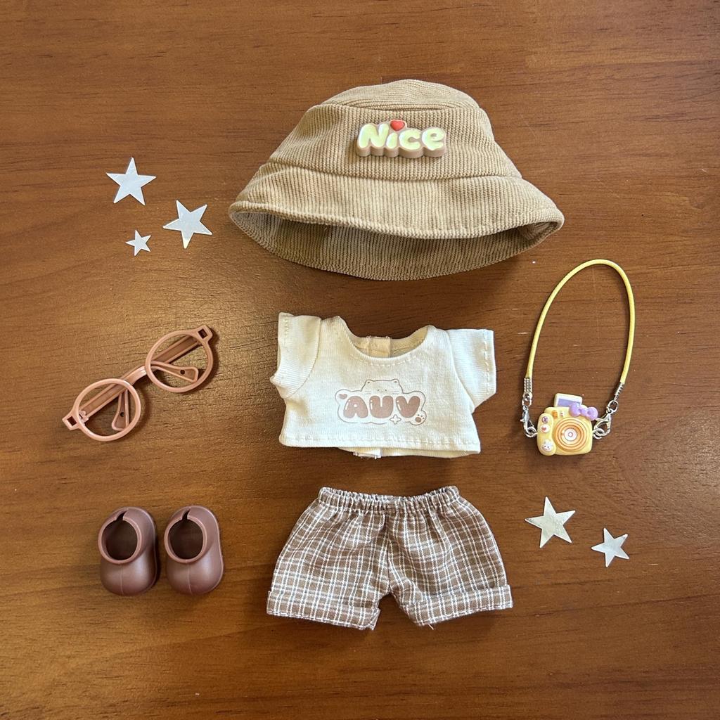 Labubu Clothes (Doll Not Included) Plush Clothes Set for 15cm and 17cm Labubu Plush Toys, 6-Piece Set Includes Hat, Outfit, Pants, Shoes, Glasses,