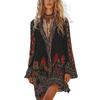 European and American style new 2026 retro ethnic style printing spring and autumn long-sleeved V-neck dress women