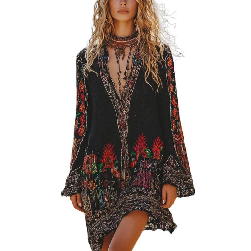 European and American style new 2026 retro ethnic style printing spring and autumn long-sleeved V-neck dress women